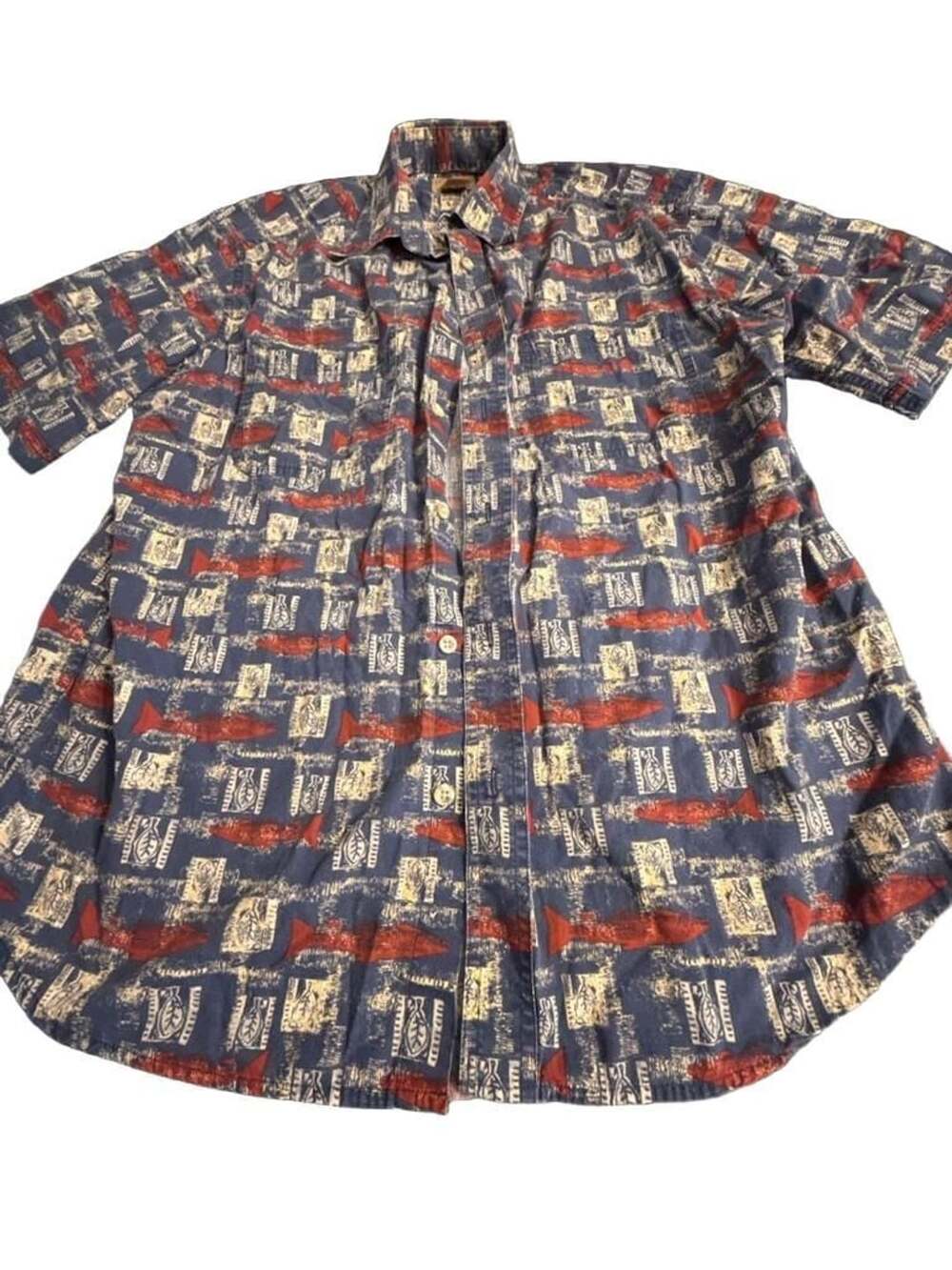 Ivy Crew Captain Short Sleeve Button-Up Shirt Size M Blue Red Fish Print